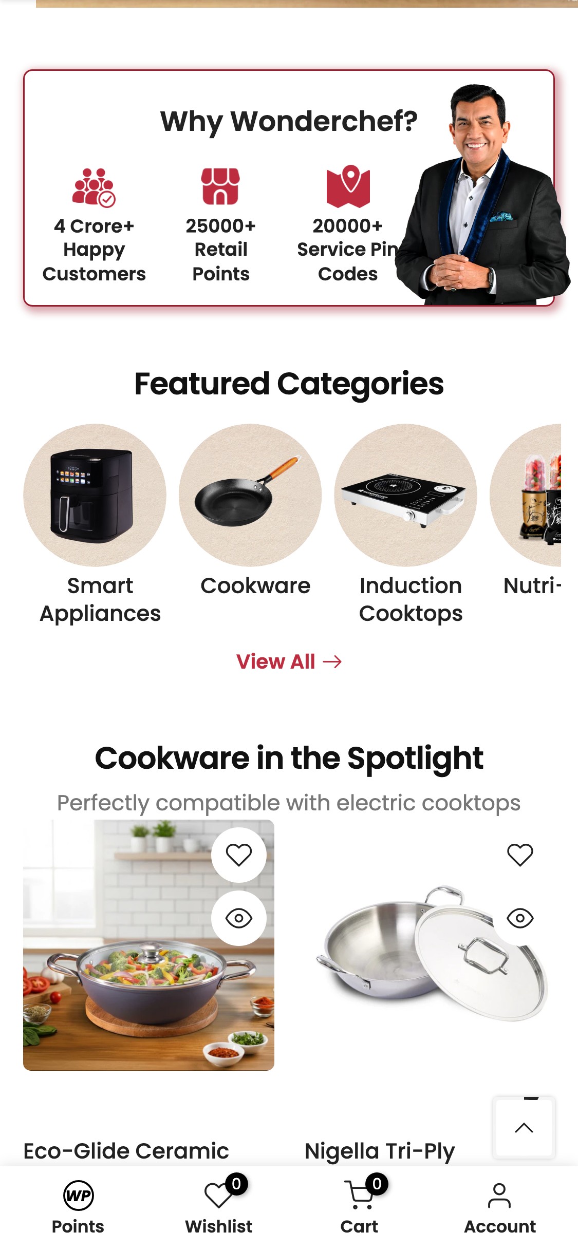 Wonderchef — Mobile Homepage (Sanjeev Kapoor Brand Integration in USP Bar)