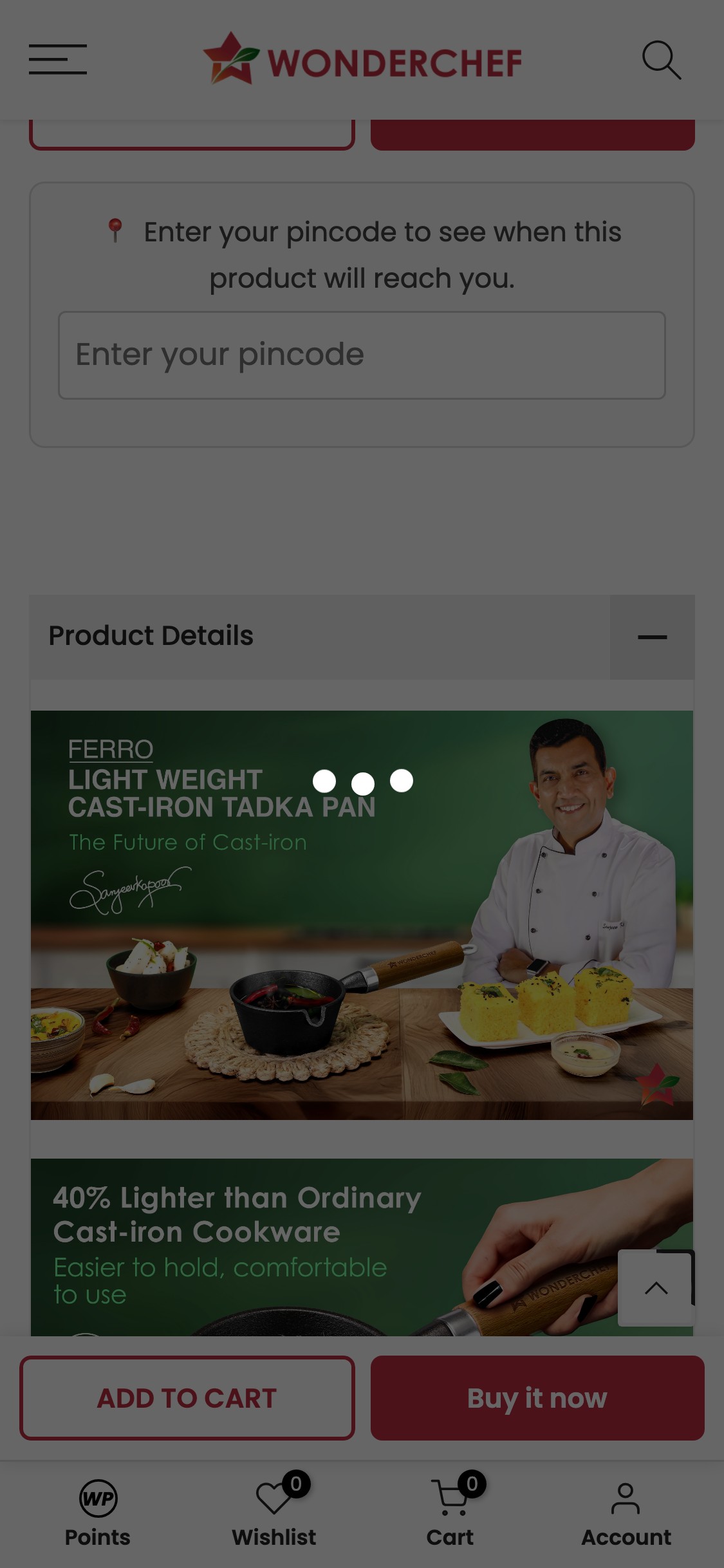 Wonderchef — Mobile PDP (Pincode Delivery Checker)
